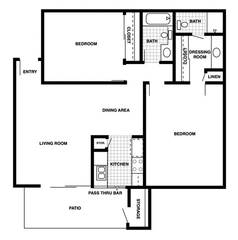 Floor plan for 2 beds, 2 baths, 965 sqft